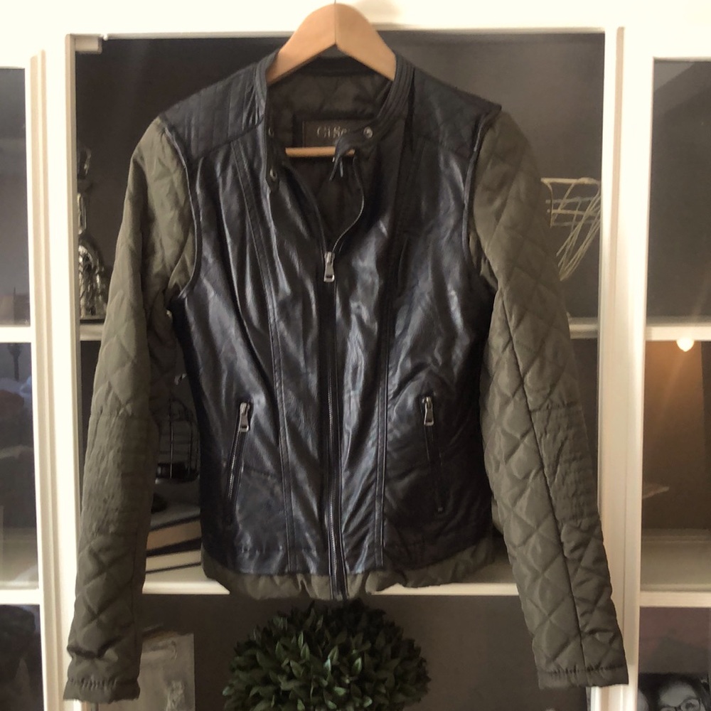 Army green/black faux leather moto jacket